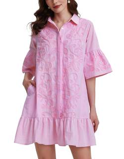 Kedera Women's Embroidered Dress Button Down Shirt Tunic Ruffle Sleeve Shift Mini Dresses…