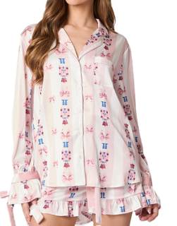 NUFIWI Christmas Cute Bow Pajama Sets for Women Tie Knot Buttons Shirt and Shorts Silk…