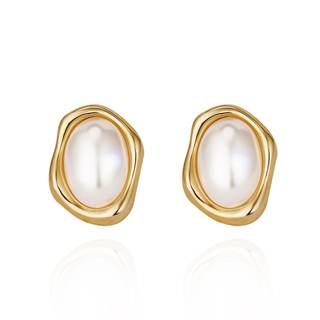 Vintage Pearl Earrings Chunky 14K Gold Plated Pearl Earrings for Women Oval Stud Non…