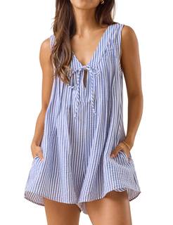 Womens Gingham and Striped Sleeveless Romper with V-Neck Tie Front | Smocked Lightweight…
