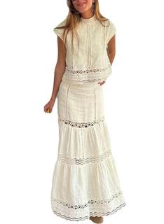 Wuitrie Summer Two Piece Sets for Women Round Neck Tops High Waist Fairy Maxi Skirt…
