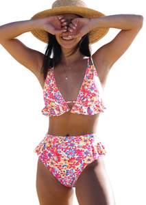 Women High Waisted Swimsuit Ruffle V Neck Bikini Two Pieces Swimwear