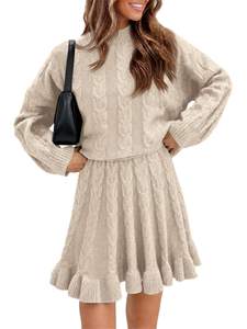 Tankaneo Womens 2 Piece Sweater Skirts Set Chunky Cable Knit Ruffle Skirt | High Neck…