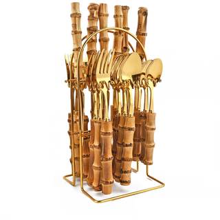 24-Piece Gold Stainless Steel Flatware Set, Bamboo Handle Cutlery with Stand Dinnerware…