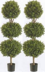 Two 56 Inch Artificial Boxwood Triple Ball Trees Potted