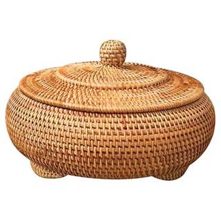 Round Rattan Boxes with Lid Hand-Woven Multi-Purpose Wicker Tray 8.6Inch Picnic Food…