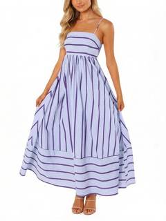 chouyatou Women's Striped Back Smocked Maxi Dress Sexy Spaghetti Strap Cut Out Flowy…