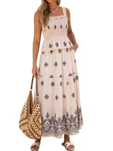 Glamaker Womens 2 Piece Skirt Sets Summer Boho Floral Smocked Ruffle Hem Tank tops Maxi…