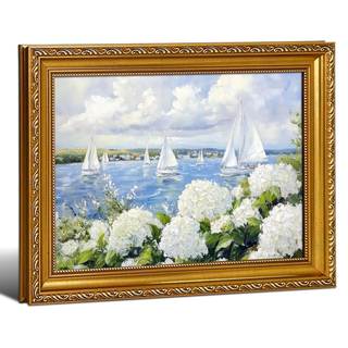 Hydrangea Sailboat Coastal Wall Art Canvas Print, Gold Ornate Framed Ocean Nautical…