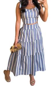 ksotutm Summer Outfits for Women Halter Tops High Waist A Line Maxi Skirt Striped Two…
