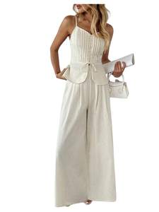 SOLY HUX Women's 2 Piece Summer Outfit Button Down Peplum Cami Top and Wide Leg Pants Set