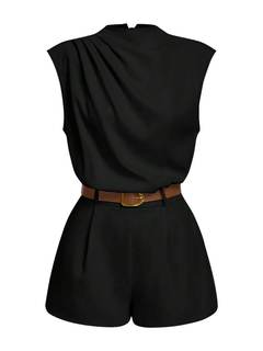 SOLY HUX Women's Summer Ruched Mock Neck Romper Elegant Cap Sleeve Belted Work Short…