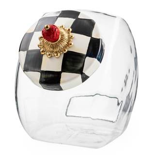MACKENZIE-CHILDS Glass Cookie Jar with Lid, Black-and-White Courtly Check | Hand-painted…