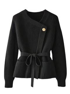 Verdusa Women's Old Money Ribbed Knit Cardigan Long Sleeve Asymmetrical Belted Sweaters…