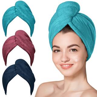 Hicober Microfiber Hair Towel Wrap for Women, Plum Navy Aqua Green, 3-Pack Plum,navy,aqua…