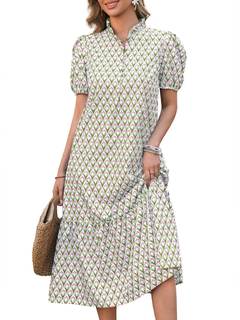 Wenrine Womens Summer Floral V Neck Puff Short Sleeve Button Maxi Dress |…