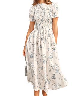 RIHOAS Plaid Gingham Midi Dress Short Sleeve Smocked Dresses for Women | Cotton,Ruffle…