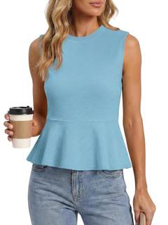 Tankaneo Womens Summer Tank Tops Sleeveless Ribbed Knit Babydoll Peplum Tops Work…