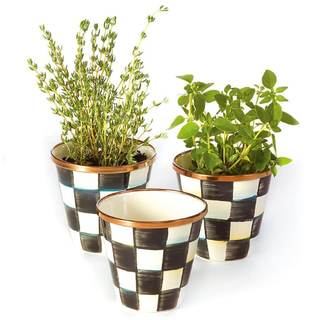 MACKENZIE-CHILDS Enamel Herb Pot Set, Small, Black-and-White Courtly Check | Hand-painted…