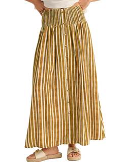InterNos Womens Striped Maxi Skirt Trendy Front Buttons Elastic Waistband A-Line Boho…