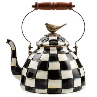 MACKENZIE-CHILDS Tea Kettle, Black-and-White Courtly Check with Bird Topper |…