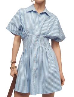 Women Summer Short Sleeve Button Front Pleated Shirt Dress Striped Collar V Neck Casual…