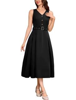 ODIZLI Women's 1950s Retro Style Summer Dress Sleeveless V Neck Pleated Dress with Belt…