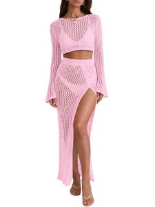 Saodimallsu Womens Crochet Beach Cover Ups Set 2 Piece 2026 Boat Neck Crop Long Sleeve…