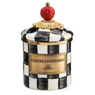 MACKENZIE-CHILDS Enamel Canister, Mini, Black-and-White Courtly Check | Hand-painted…