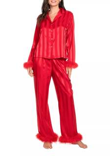 Women Christmas Satin Feather Pajamas Set Long Sleeve Shirts Pants Silk 2 Piece Pjs…