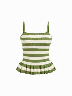 CIDER Striped Crop Peplum Tops for Women Ruffle Square Neck Knit Tops | Sleeveless Tank…