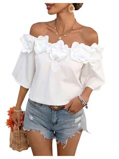 SHENHE Women's Off Shoulder 3D Flower Rosette Half Sleeve Blouse Summer Going Out Top…