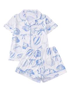 BEAUDRM Women's 2 Piece Summer Beach Pajama Set Shell Ocean Print Sleepwear | Cute Pajama…
