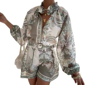 ksotutm Womens 2 Piece Outfits Boho Lantern Sleeve Button Down Floral Print Shirt Shorts…