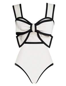 FLAXMAKER Black and White Swimsuit Bow-tie Decor One Piece Bathing Suit Medium White…