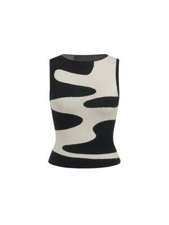 CIDER Sleeveless Knit Tank Top Going Out Y2k Wave Pattern Large Black