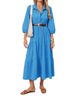 Women Button Down Maxi Shirt Dress Long Sleeve Flowy Tiered Collared Dresses with Pockets…