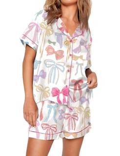 Passec Womens Christmas Pajamas Shorts Sets Satin Silk 2 Pieces Xmas Pj Set Bown Down Bow…