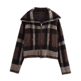 Chevara Women’s Checkered Cardigan Sweater Vintage Lapel Collar Long Sleeve Zip Up Knit…