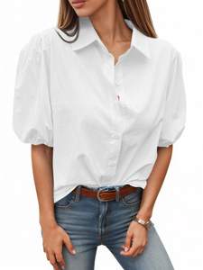 Tankaneo Womens Button Down Shirts Puff Sleeve Tops Summer Cotton Blouses | Loose Fit…