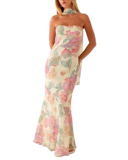 Women Strapless Floral Dress with Sarf Mesh Tube Maxi Dress Summer Cocktail Wedding Guest…