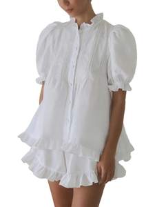 Womens Ruffle Short Set Fashion Summer Puff Sleeve Button Down Top and Shorts Cotton 2…