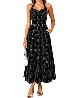 Women's Vintage Polka Dot Halter A-Line Maxi Dress with Pockets | Ruched sweetheart bust…
