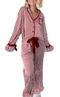 Luckinbaby Women Christmas Satin 2 Piece Pajamas Set Bow Tie Long Sleeve Shirts Pants…