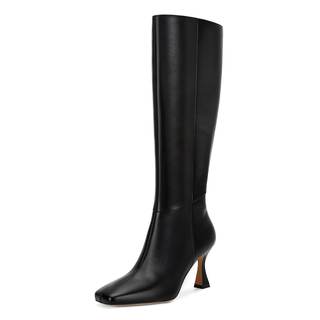 Dsevht Black Leather Knee High Boots for Women Stiletto Kitten Heeled Sexy Boots Square…
