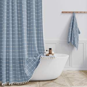 BTTN Long Boho Farmhouse Linen Heavy Duty Cloth Shower Curtain, 72x84, Blue | Tall Size…
