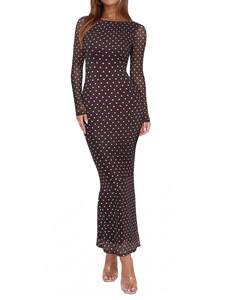 REORIA Women's Fall Mesh Sheer Long Sleeve Wedding Guest Dress Sexy Floral Bodycon Maxi…