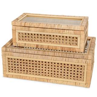 Large Handwoven Boho Rattan Display Boxes with Glass Lids Set of 2 | Rectangular…