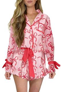 Yiulangde Valentines Heart Bow Pajamas for Women Silk Satin Ruffle Shorts Pjs Tie Front…