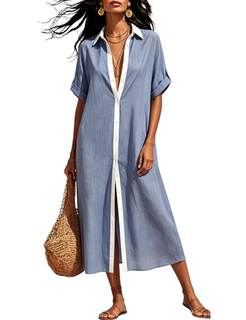 Womens Color Block V Neck Shirt Dress Linen Cotton Button Down Coverups Casual Loose…